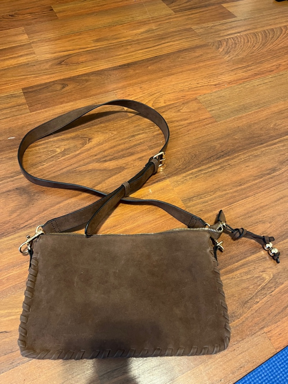 Brown Suede Crossbody Bag with Whipstitch Trim